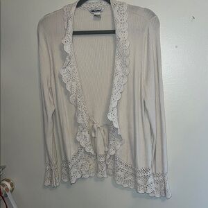 Vintage Cream Crocheted Lace Trim Tie Front Cardigan